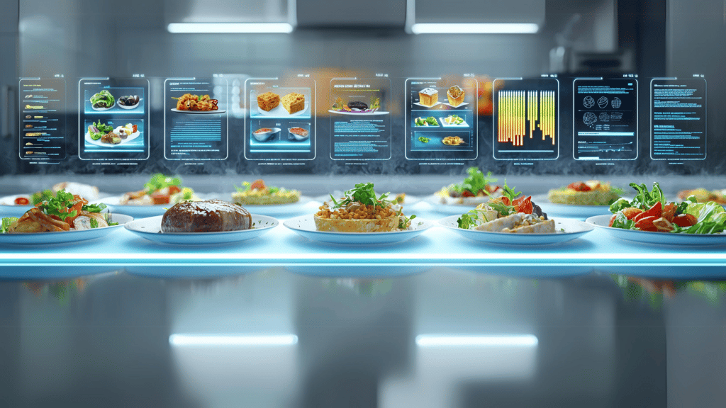 a plate of food on a counter with displays of nutritional value in the back