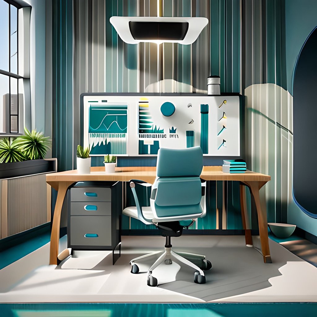 An illustration which represents productivity with a desktop and productivity charts. The illustration is generated by Bluewillow ai for a blg post written for Bnag Design about ai productivity tools