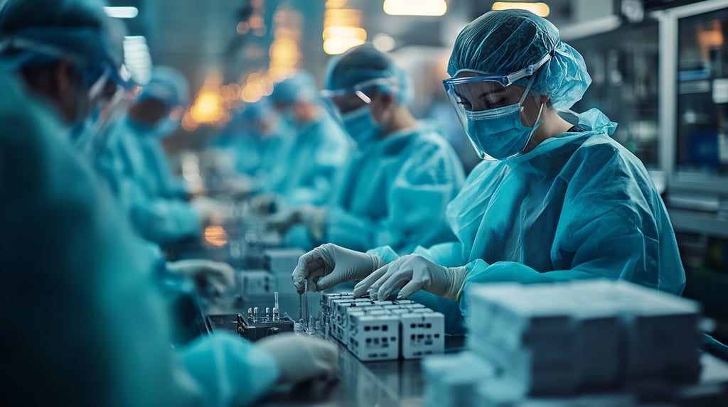 a group of people in protective gear working in a factory