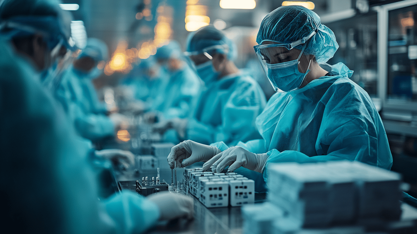a group of people in protective gear working in a factory