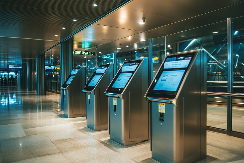 a row of electronic machines at an airport