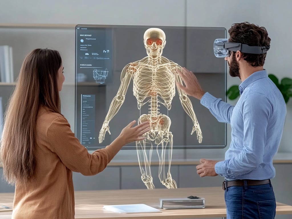 a man and woman looking at a holographic skeleton