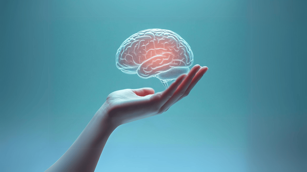 a hand holding a transparent brain depicting learning, memory and retention