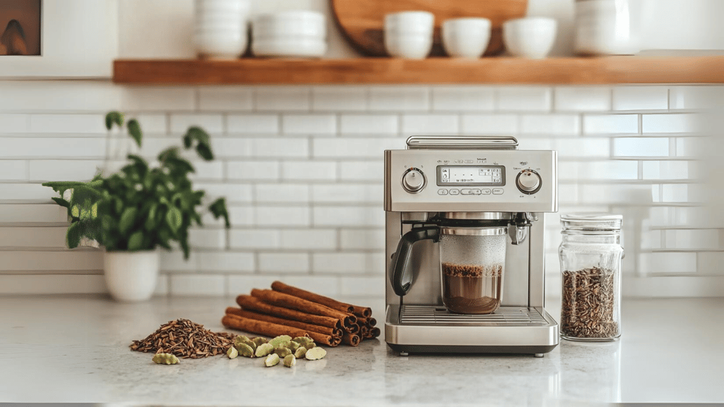 a chai brewing machine on a counter with fresh tea and spices