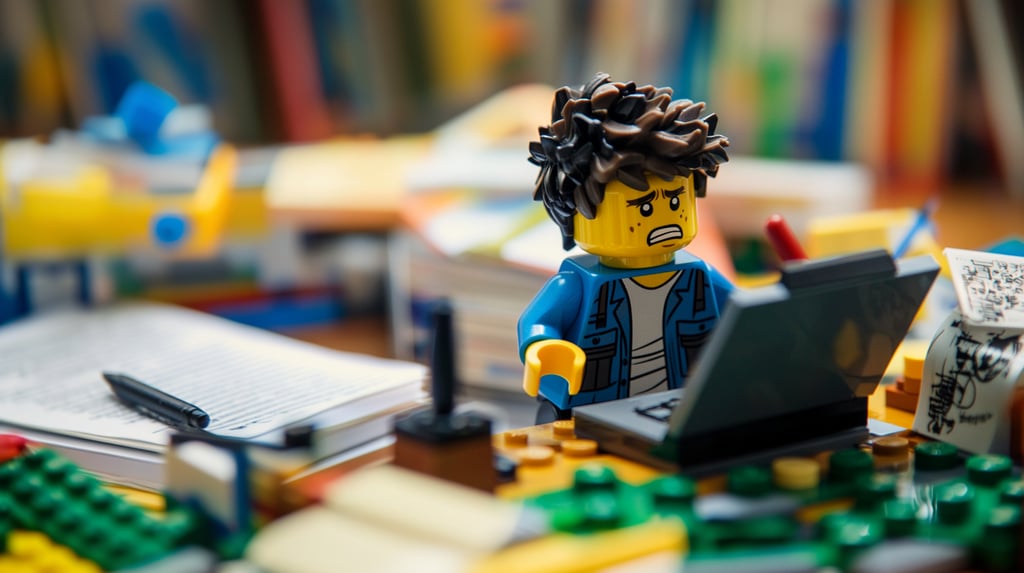 a lego man sitting at a desk with a laptop