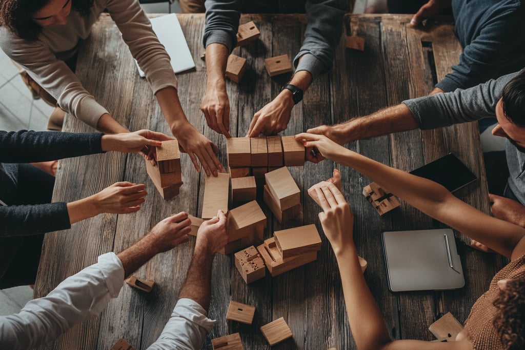 a group of people playing with wooden blocks