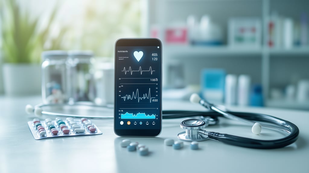 a phone with a screen on it next to pills and a stethoscope