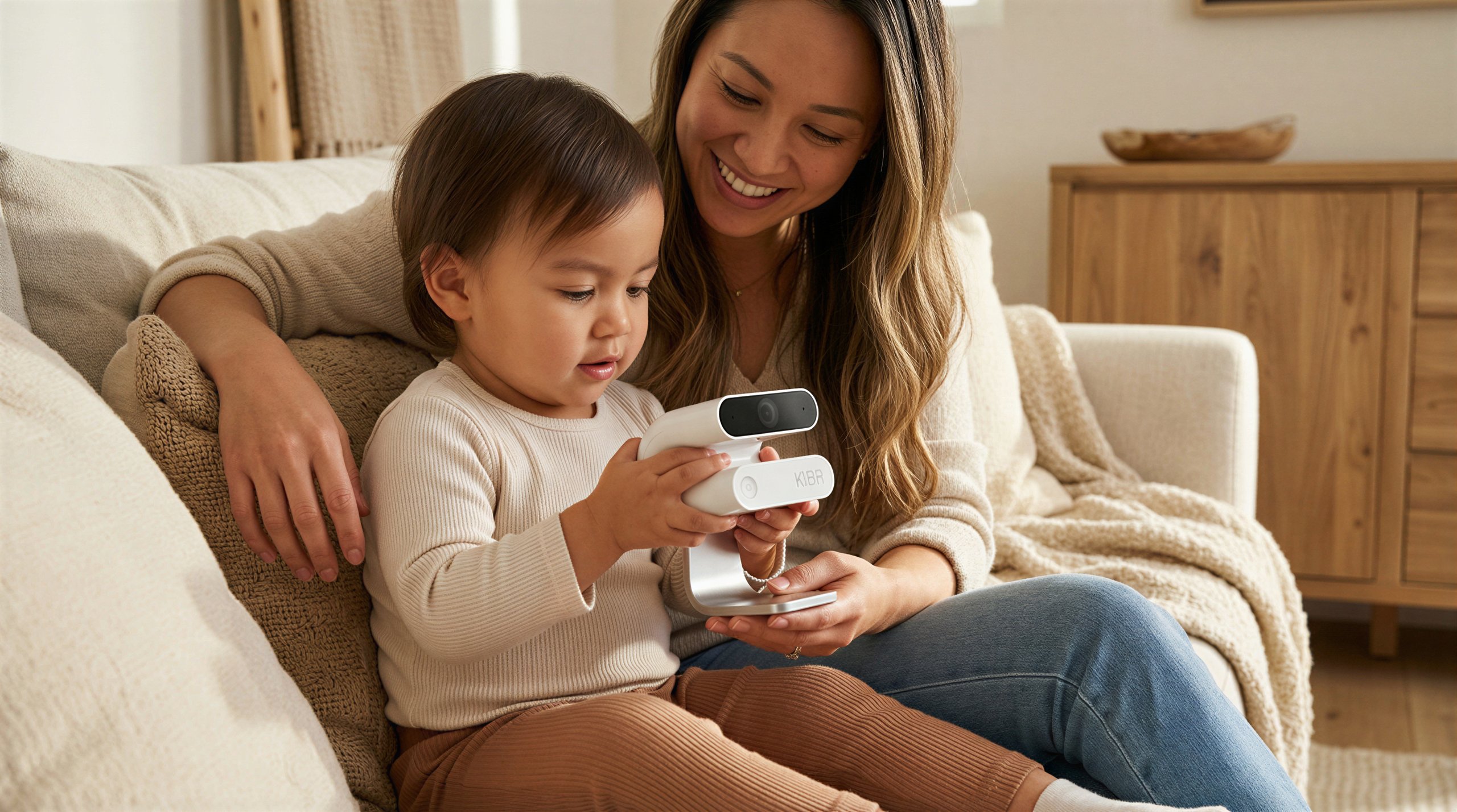 add the device in the hands of the kid with the mother sitting beside, hyperrealistic, photographic, do not change the design at all