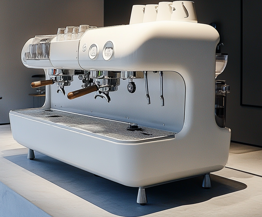 a white chai tea brewing machine with cups on top