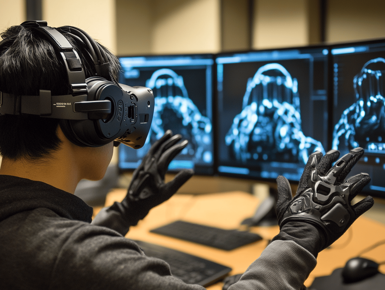 a person wearing black gloves and AR headsets looking at a computer screen