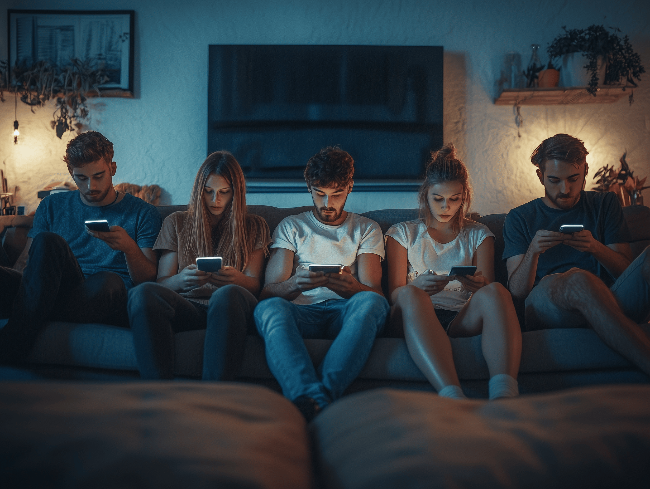 a group of people sitting on a couch using their phones